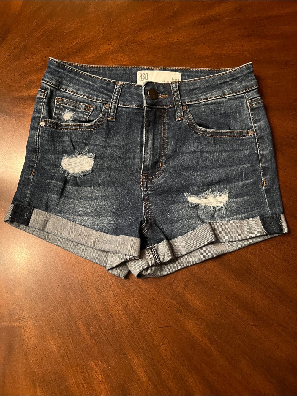 RSQ Dark Blue Distressed Cuffed Denim Shorts